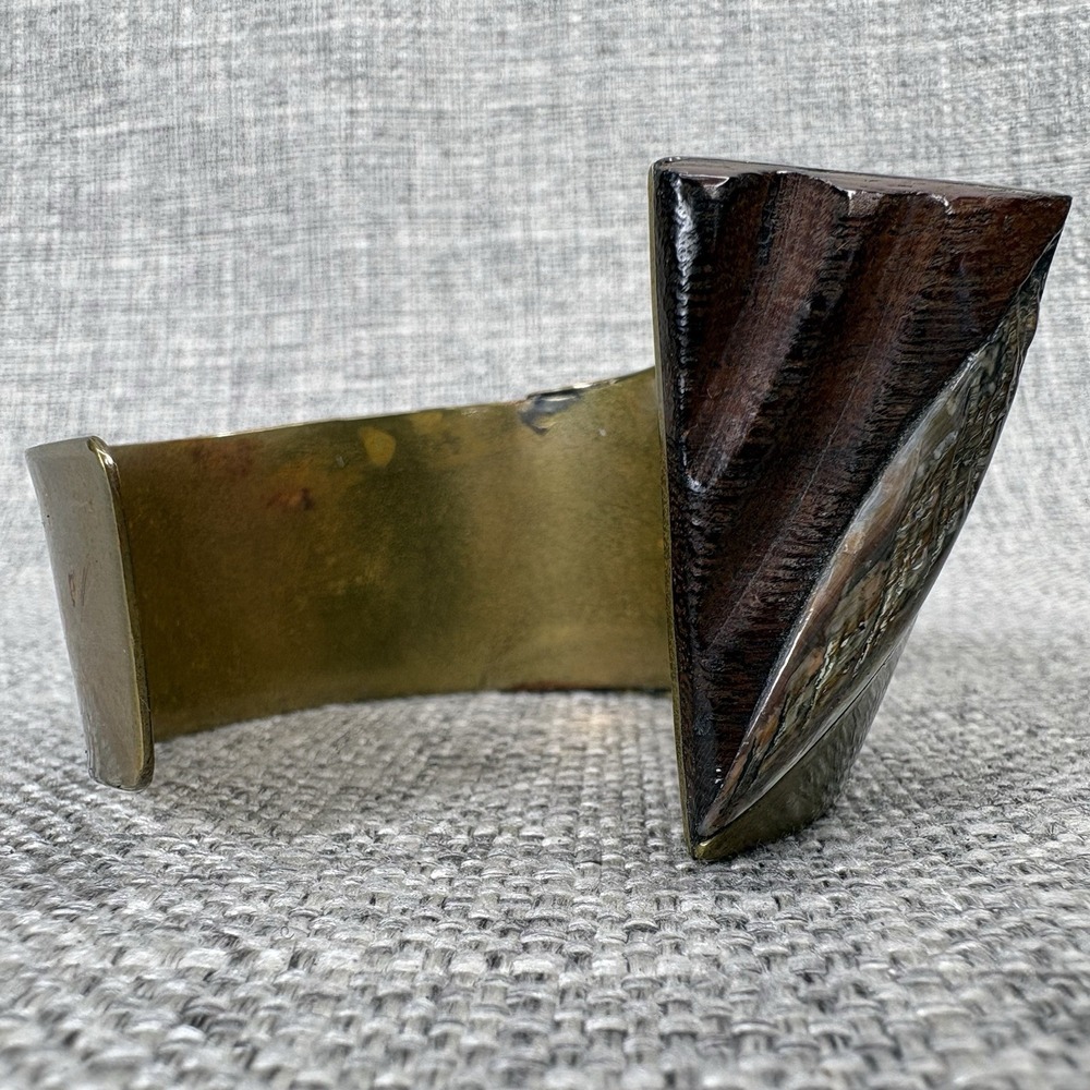Vintage Handmade Brutalist Brass Brown Carved Wood Modernist‎ Open Cuff Bracelet